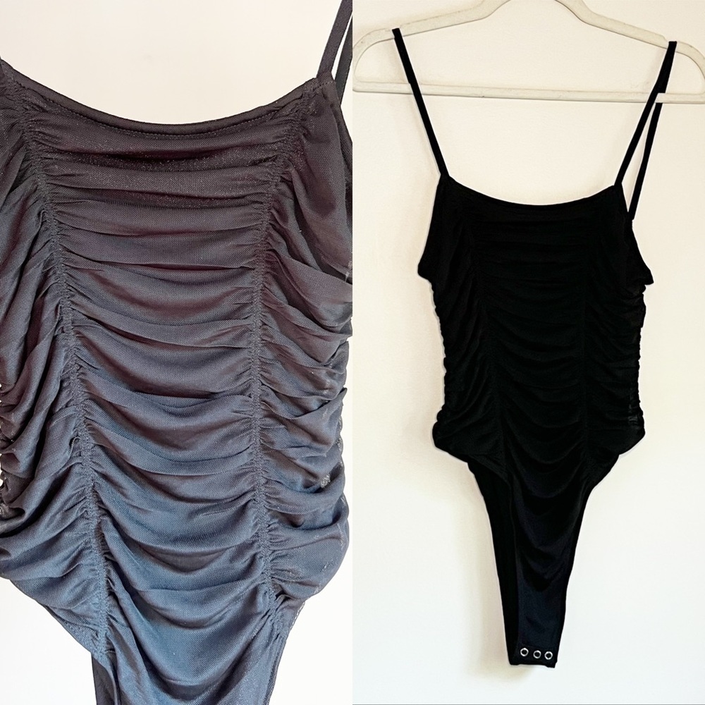 Soft Stretch Jersey Knit Shirred Bodysuit in Black Size M